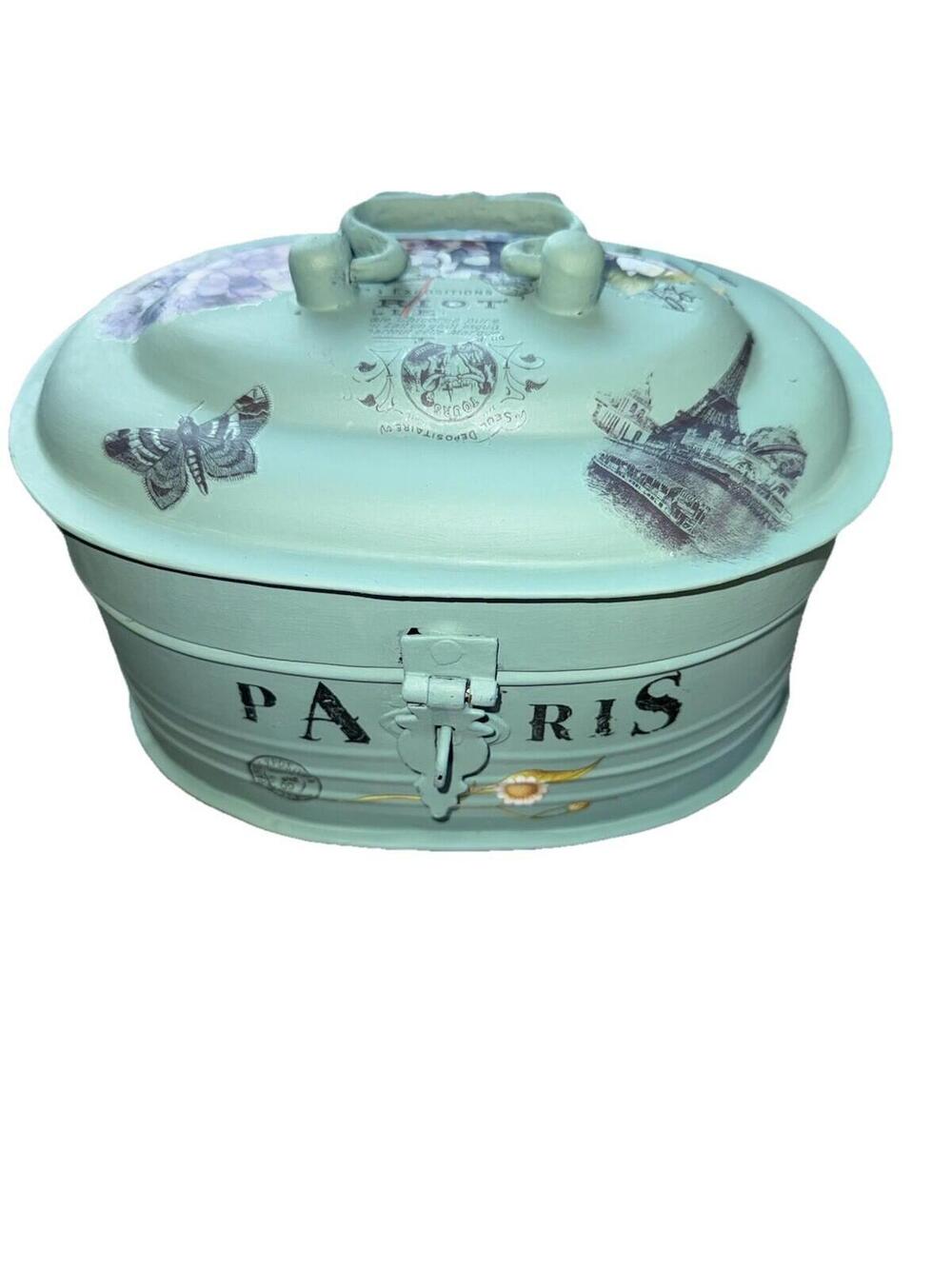 Vintage blue floral Metal Bin Box hinged lid  french country/cottagecore Decor